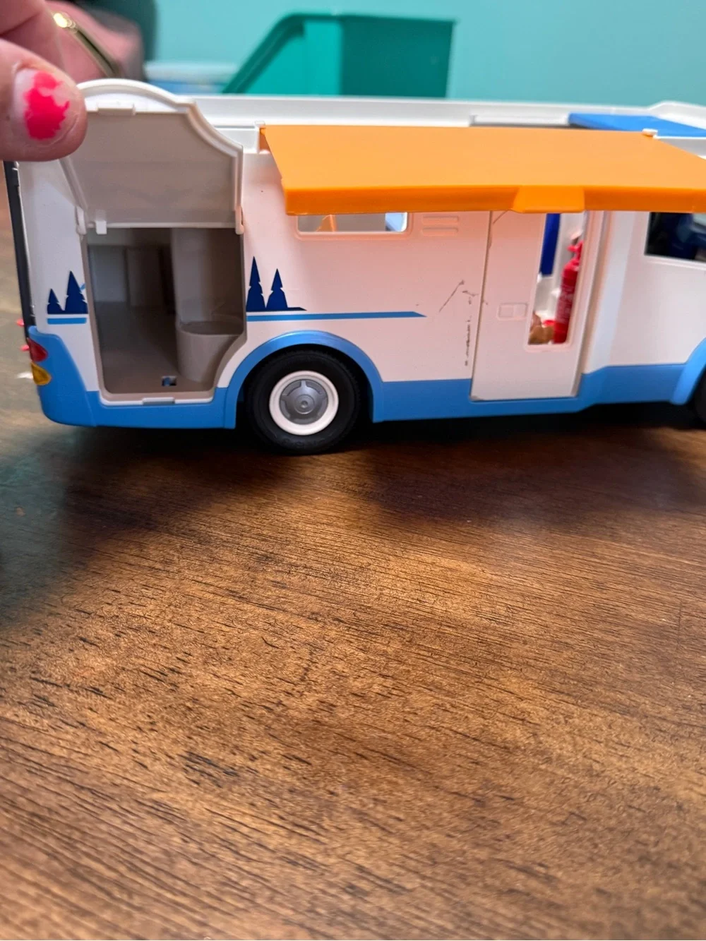 White and Blue Toy Camper with Orange Accent - Kids Vehicle Playset
